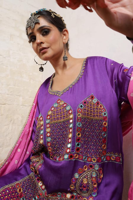 Shop_Sheeshakari_Purple Silk Embroidery, Mirrors, Beads, Zari Scoop Minar Motif Hand Kurta Set 