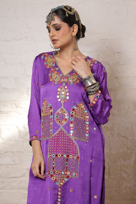 Sheeshakari_Purple Silk Embroidery, Mirrors, Beads, Zari Minar Motif Hand Kurta Salwar Set _Online_at_Aza_Fashions
