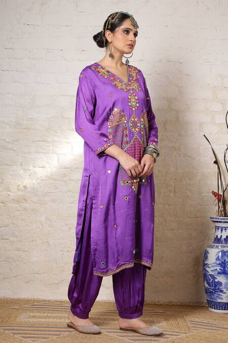 Buy_Sheeshakari_Purple Silk Embroidery, Mirrors, Beads, Zari Minar Motif Hand Kurta Salwar Set _Online_at_Aza_Fashions