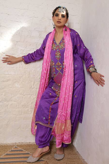 Buy_Sheeshakari_Purple Silk Embroidery, Mirrors, Beads, Zari Minar Motif Hand Kurta Salwar Set 
