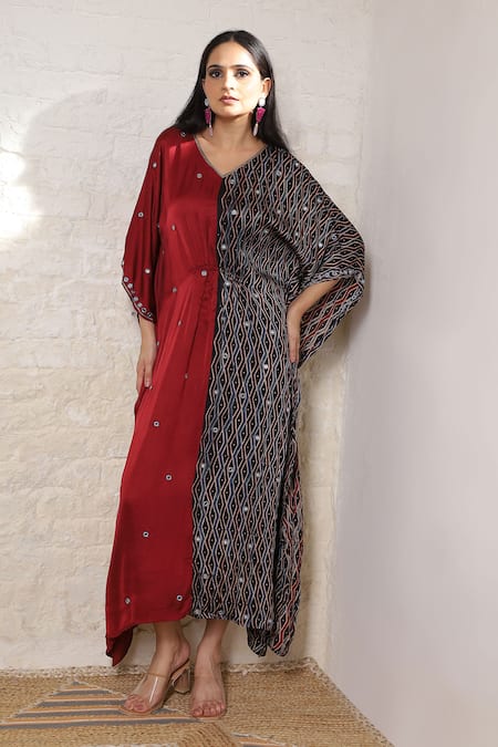 Buy_Sheeshakari_Rust Silk Mirrors, Embroidery, Beads V-neck Ajrakh Print And Work Kaftan Dress _Online_at_Aza_Fashions