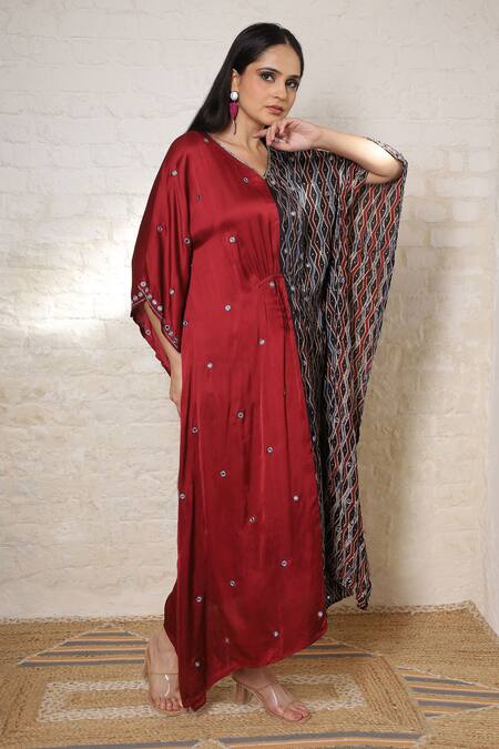 Shop_Sheeshakari_Rust Silk Mirrors, Embroidery, Beads V-neck Ajrakh Print And Work Kaftan Dress _Online_at_Aza_Fashions