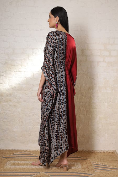 Sheeshakari Ajrakh Print & Mirror Work Kaftan Dress 