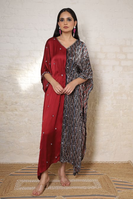 Sheeshakari Ajrakh Print & Mirror Work Kaftan Dress 
