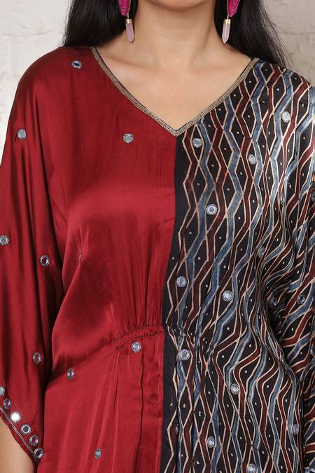 Buy_Sheeshakari_Rust Silk Mirrors, Embroidery, Beads V-neck Ajrakh Print And Work Kaftan Dress 