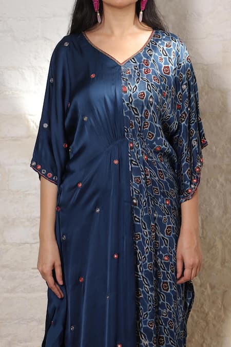 Sheeshakari_Blue Silk Mirrors, Embroidery, Beads V-neck Ajrakh Hand Print Kaftan _Online_at_Aza_Fashions