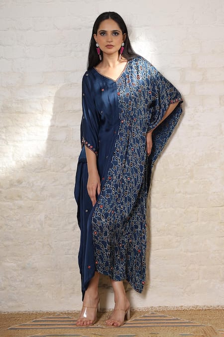 Buy_Sheeshakari_Blue Silk Mirrors, Embroidery, Beads V-neck Ajrakh Hand Print Kaftan _Online_at_Aza_Fashions