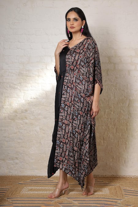 Buy_Sheeshakari_Black Silk Mirrors, Embroidery, Beads V-neck Ajrakh Hand Printed And Kaftan _Online_at_Aza_Fashions