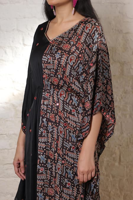 Shop_Sheeshakari_Black Silk Mirrors, Embroidery, Beads V-neck Ajrakh Hand Printed And Kaftan _Online_at_Aza_Fashions
