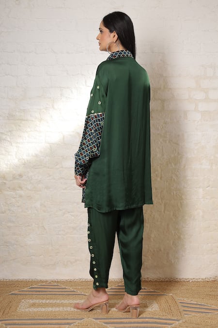 Sheeshakari Ajrakh Hand Print & Embroidered Shirt Pant Set 