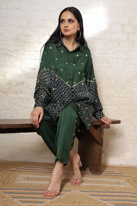 Buy_Sheeshakari_Green Silk Embroidery, Mirrors Collared Ajrakh Hand Print And Shirt Pant Set _Online_at_Aza_Fashions