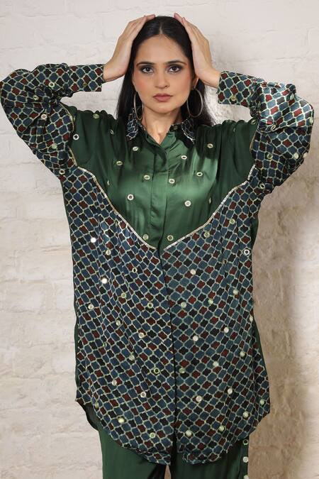 Sheeshakari_Green Silk Embroidery, Mirrors Collared Ajrakh Hand Print And Shirt Pant Set _at_Aza_Fashions