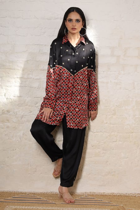 Sheeshakari_Black Silk Embroidery, Mirrors Collared Ajrakh Hand Print And Shirt Pant Set _Online_at_Aza_Fashions