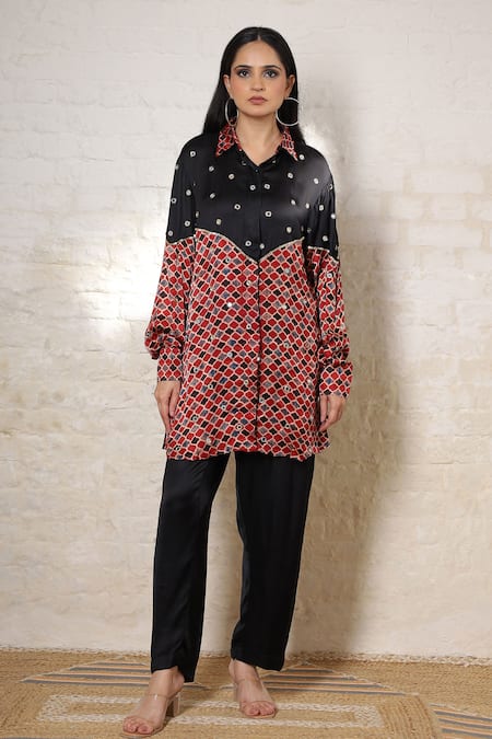Sheeshakari Ajrakh Hand Print & Embroidered Shirt Pant Set 