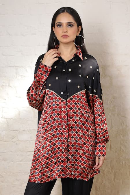 Shop_Sheeshakari_Black Silk Embroidery, Mirrors Collared Ajrakh Hand Print And Shirt Pant Set _Online_at_Aza_Fashions
