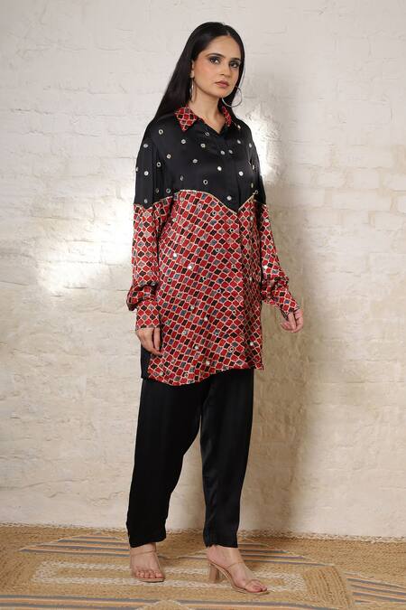 Sheeshakari_Black Silk Embroidery, Mirrors Collared Ajrakh Hand Print And Shirt Pant Set _at_Aza_Fashions