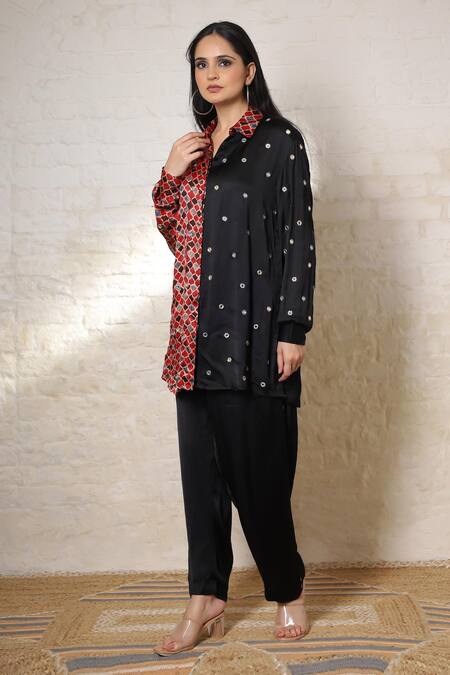 Sheeshakari_Black Silk Embroidery Collared Ajrakh Hand Print And Shirt Pant Co-ord Set _Online_at_Aza_Fashions