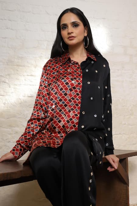 Shop_Sheeshakari_Black Silk Embroidery Collared Ajrakh Hand Print And Shirt Pant Co-ord Set _Online_at_Aza_Fashions