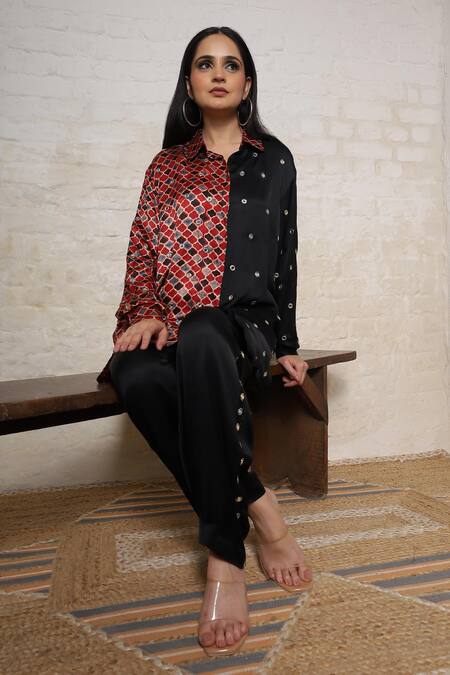 Sheeshakari_Black Silk Embroidery Collared Ajrakh Hand Print And Shirt Pant Co-ord Set _at_Aza_Fashions