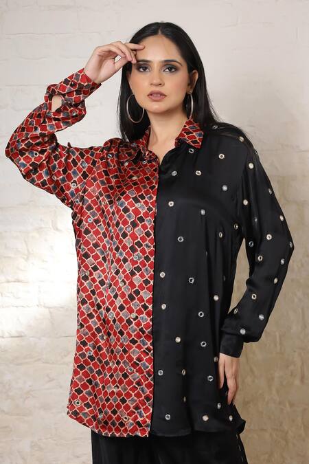 Shop_Sheeshakari_Black Silk Embroidery Collared Ajrakh Hand Print And Shirt Pant Co-ord Set 