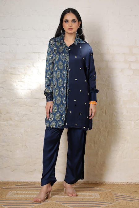 Sheeshakari Ajrakh Hand Print & Embroidered Pant Co-ord Set 