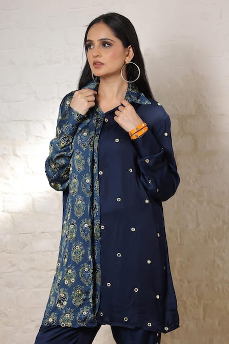 Buy_Sheeshakari_Blue Silk Embroidery Collared Ajrakh Hand Print And Pant Co-ord Set _Online_at_Aza_Fashions