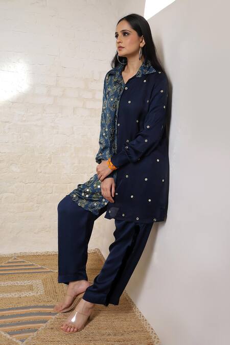 Shop_Sheeshakari_Blue Silk Embroidery Collared Ajrakh Hand Print And Pant Co-ord Set _Online_at_Aza_Fashions