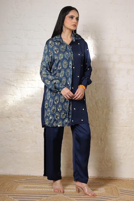 Sheeshakari_Blue Silk Embroidery Collared Ajrakh Hand Print And Pant Co-ord Set _at_Aza_Fashions