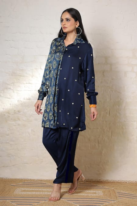 Buy_Sheeshakari_Blue Silk Embroidery Collared Ajrakh Hand Print And Pant Co-ord Set 