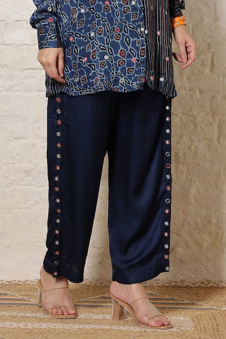 Sheeshakari_Blue Silk Embroidery, Stones Collared Ajrakh Hand Print And Shirt Pant Set _Online_at_Aza_Fashions