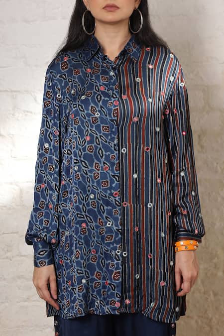 Buy_Sheeshakari_Blue Silk Embroidery, Stones Collared Ajrakh Hand Print And Shirt Pant Set _Online_at_Aza_Fashions