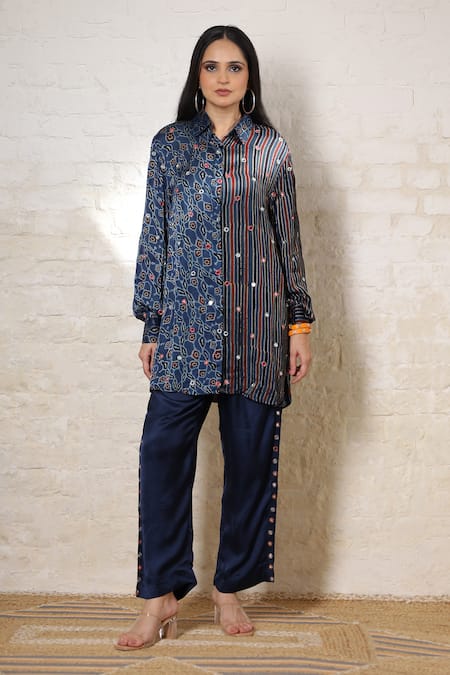 Sheeshakari Ajrakh Hand Print & Embroidered Shirt Pant Set 