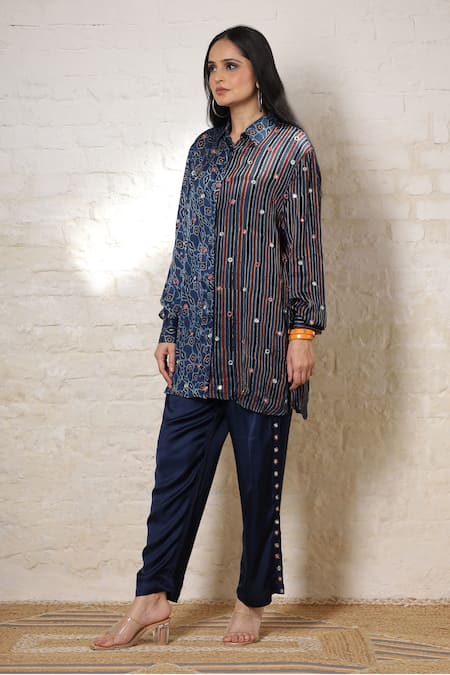 Shop_Sheeshakari_Blue Silk Embroidery, Stones Collared Ajrakh Hand Print And Shirt Pant Set _Online_at_Aza_Fashions