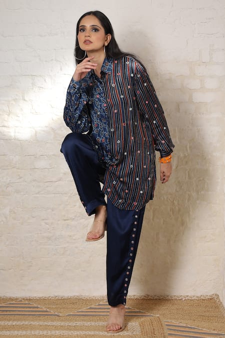 Sheeshakari_Blue Silk Embroidery, Stones Collared Ajrakh Hand Print And Shirt Pant Set _at_Aza_Fashions