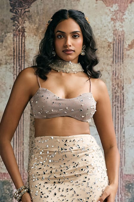 SAANJH BY LEA_Taupe Mesh, Satin Mirrors, Sequins, Alfiya Rhinestone-embellished Skirt Set _Online_at_Aza_Fashions