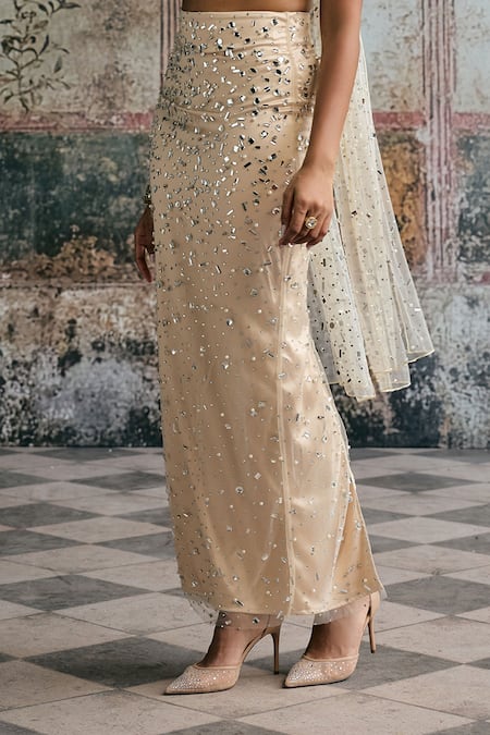 Buy_SAANJH BY LEA_Taupe Mesh, Satin Mirrors, Sequins, Alfiya Rhinestone-embellished Skirt Set _Online_at_Aza_Fashions