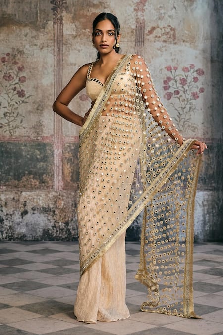 Buy_SAANJH BY LEA_Gold Organza Mirrors, Sayra Embellished Pre-draped Saree With Blouse _Online_at_Aza_Fashions