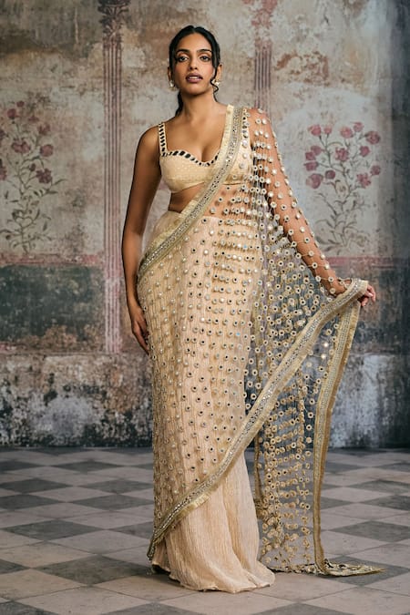 SAANJH BY LEA Sayra Mirror Embellished Pre-Draped Saree With Blouse 