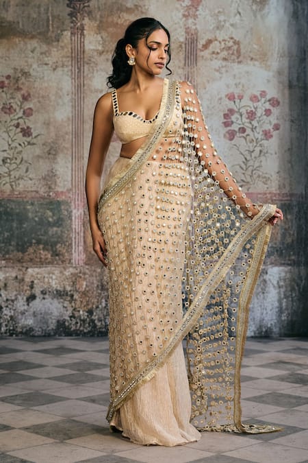 Shop_SAANJH BY LEA_Gold Organza Mirrors, Sayra Embellished Pre-draped Saree With Blouse _Online_at_Aza_Fashions