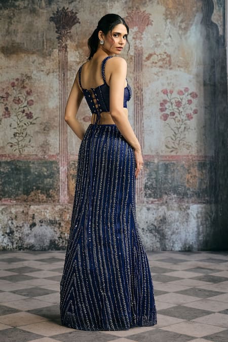 Buy_SAANJH BY LEA_Blue Mesh, Satin Rhinestones, Sequins, Stones Layra Hand Embellished Lehenga Set _Online_at_Aza_Fashions