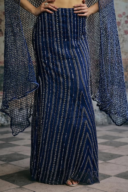 Shop_SAANJH BY LEA_Blue Mesh, Satin Rhinestones, Sequins, Stones Layra Hand Embellished Lehenga Set _Online_at_Aza_Fashions