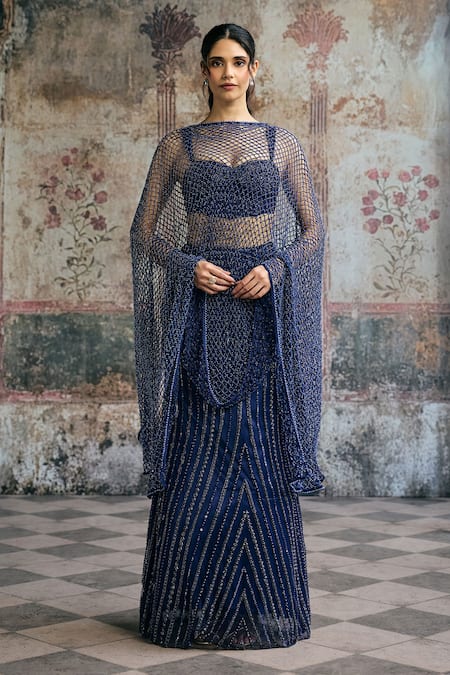 SAANJH BY LEA_Blue Mesh, Satin Rhinestones, Sequins, Stones Layra Hand Embellished Lehenga Set _at_Aza_Fashions