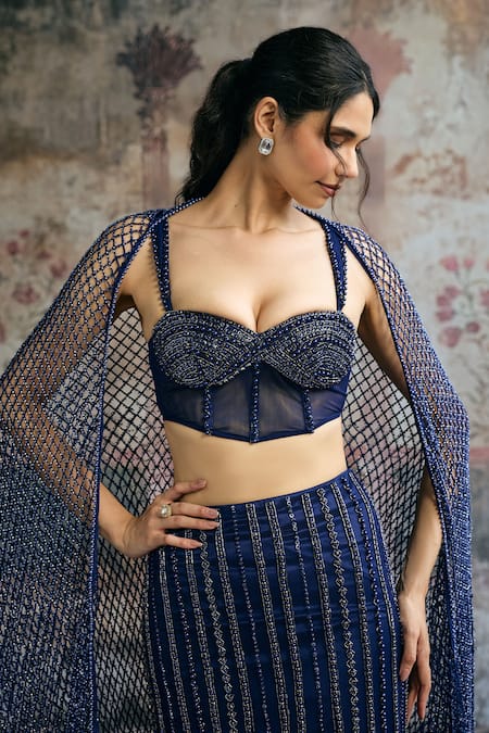 Buy_SAANJH BY LEA_Blue Mesh, Satin Rhinestones, Sequins, Stones Layra Hand Embellished Lehenga Set 