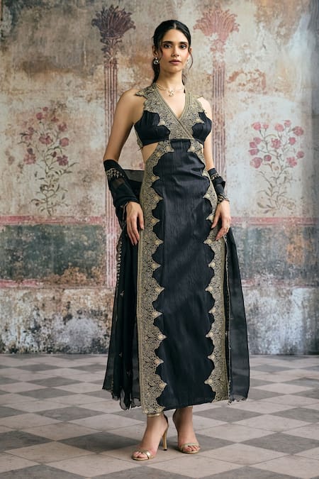 SAANJH BY LEA_Black Silk Embroidery Halter Neck, Kaia Kurta Set _Online_at_Aza_Fashions