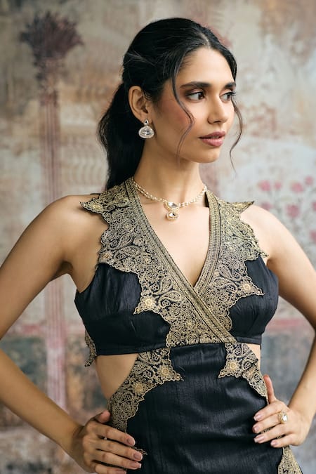 SAANJH BY LEA_Black Silk Embroidery Halter Neck, Kaia Kurta Set _at_Aza_Fashions