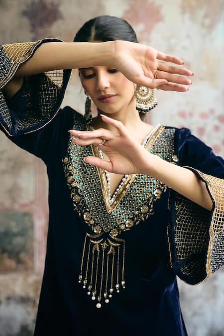 SAANJH BY LEA_Blue Velvet Embroidery, Sequins, Beads Nayla Hand-embroidered Kaftan And Pant Set _Online_at_Aza_Fashions