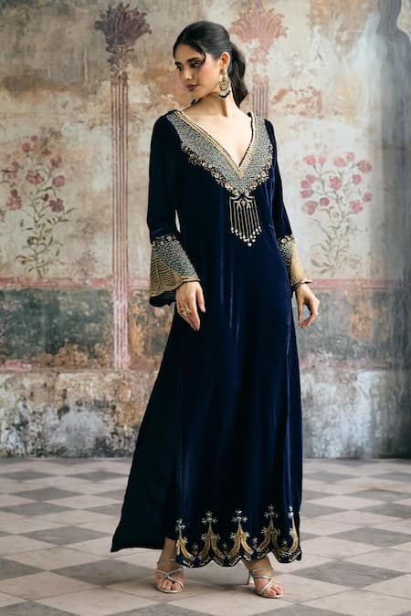 Buy_SAANJH BY LEA_Blue Velvet Embroidery, Sequins, Beads Nayla Hand-embroidered Kaftan And Pant Set _Online_at_Aza_Fashions