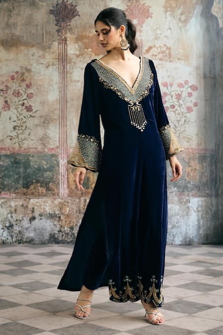 SAANJH BY LEA_Blue Velvet Embroidery, Sequins, Beads Nayla Hand-embroidered Kaftan And Pant Set _at_Aza_Fashions