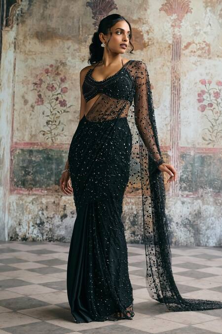 Buy_SAANJH BY LEA_Black Satin, Georgette, Mesh Rhinestones, Aliara Pre-draped Saree With Blouse_Online_at_Aza_Fashions