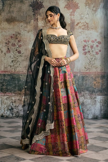 SAANJH BY LEA_Black Silk, Brocade Embroidery, Zari, Sequins Soundarya Banarasi Lehenga Set _Online_at_Aza_Fashions